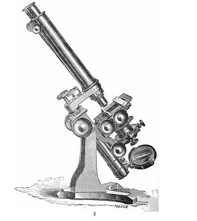 Ross No. 2 Binocular Microscope Stand (3) with two eyepieces, coarse and fine adjustments for focusing, mechanical stage wth rotating movement, havir 3/4 inch of rectangular motion, mechanical sub-stage for holding and adjusting illuminating and polarizing apparatus, plane and concave mirrors with jointedarm, and WENHAM'S Binocular arrangoment 