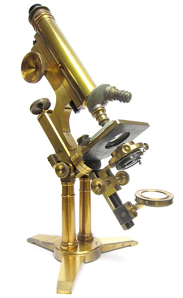 l. schrauer, maker, 42 nassau st., new york. large microscope on a double pillar with swinging substage, c. 1880