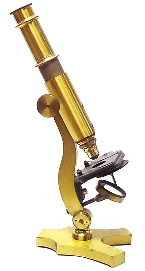 Small French microscope with  lever stage mechanism. c. 1865