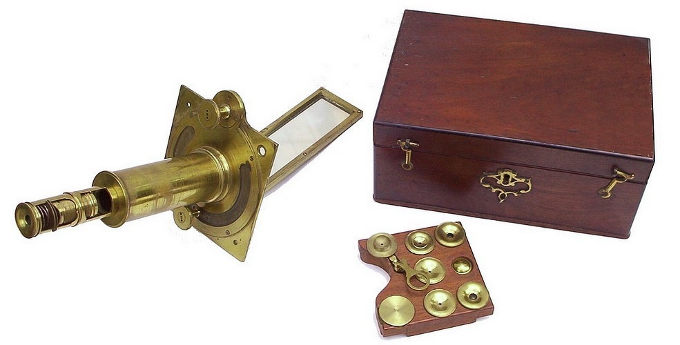 Solar microscope with screw barrel, c. 1750. Used as a solar microscope or as a hand-held screw barrel microscope