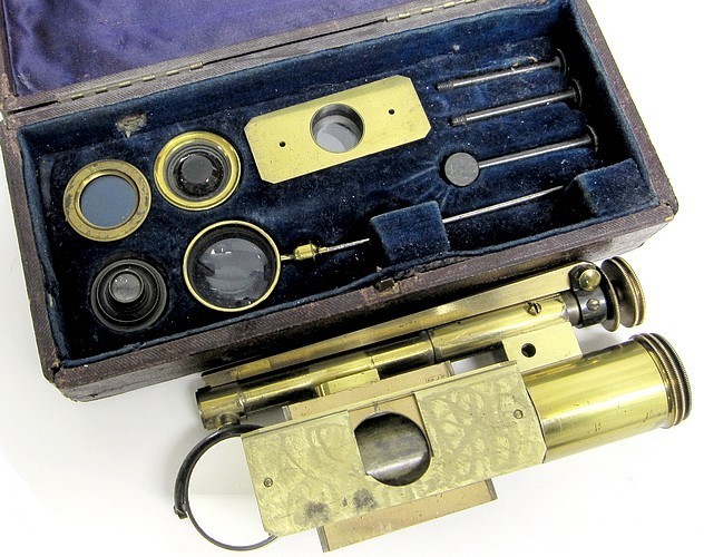 james swift & son, university st. london. blankley's small pocket microscope - the seaside microscope, c. 1879 . with accessories