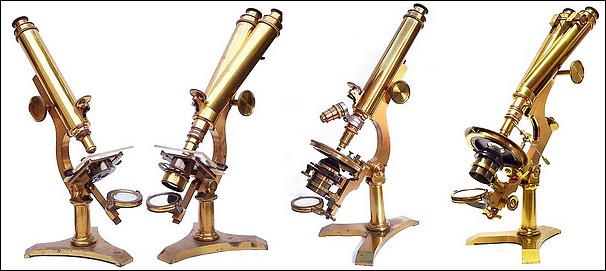 J. Zentmayer, Philadelphia. Four examples of the US Army Hospital Model microscope: Serial numbers from left to right  monocular #975, binocular #720., both before 1876 ; monocular #1867, binocular #3773, both after 1876.