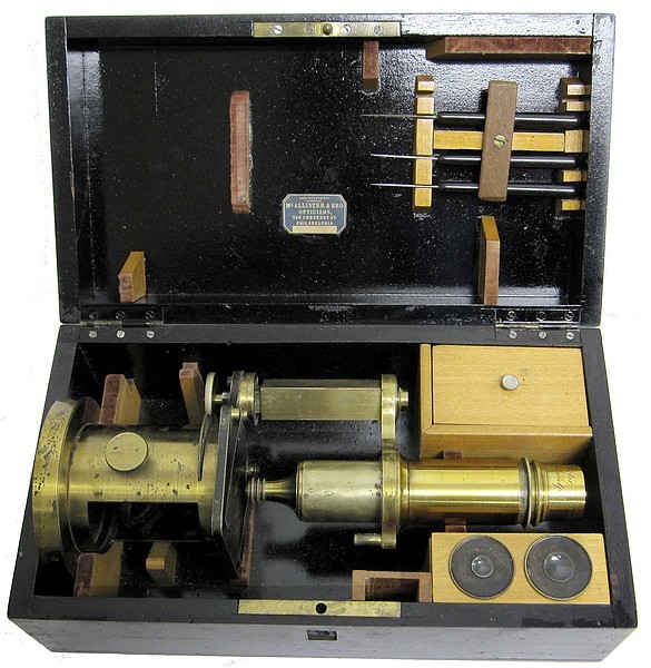 Imported French Drum Microscope (Nachet type). Signed on the tube McAllister & Brother, Philadelphia, c. 1855