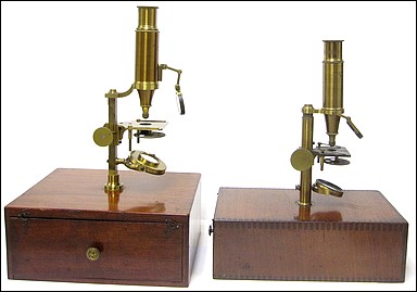 Both signed: Made for McAllister & Co., Philadelphia. Imported case-mounted French microscopes, c.1844.  Attributed to the Parisian optician Buron.