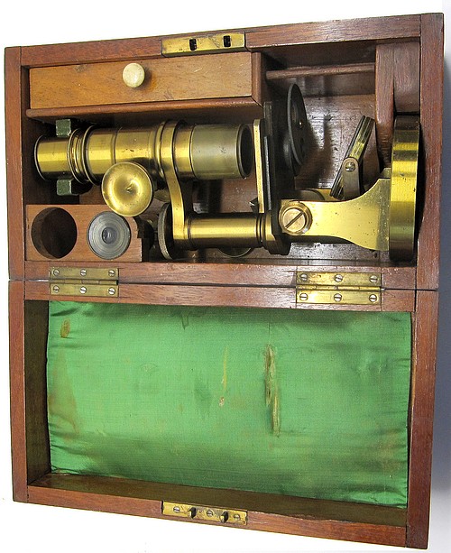 J. Parkes & Son, Birmingham. Monocular microscope with a round base