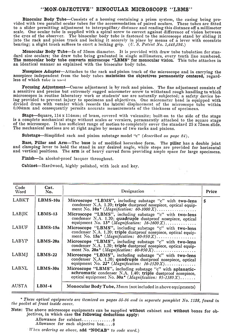 Ernst Leitz Wetzlar, No. 254206. Binocular microscope model LBMS. c. 1927